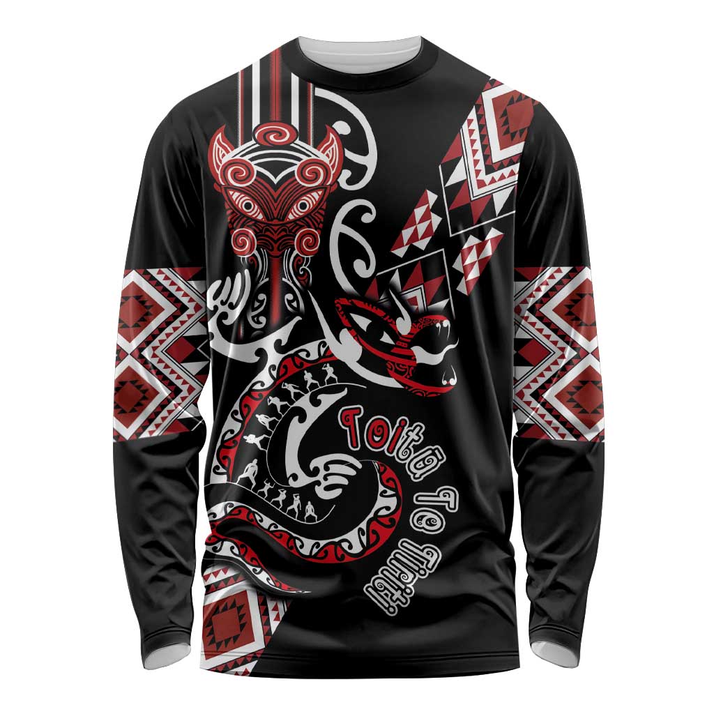 Aotearoa Toitu Te Tiriti-Honour the Treaty Long Sleeve Shirt Maori Taniwha Haka with Taniko and Tukutuku LT03 Unisex Black - Polynesian Pride