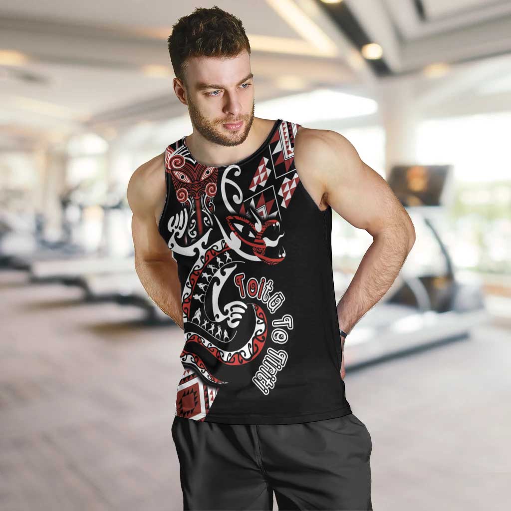 Aotearoa Toitu Te Tiriti-Honour the Treaty Men Tank Top Maori Taniwha Haka with Taniko and Tukutuku LT03 Black - Polynesian Pride