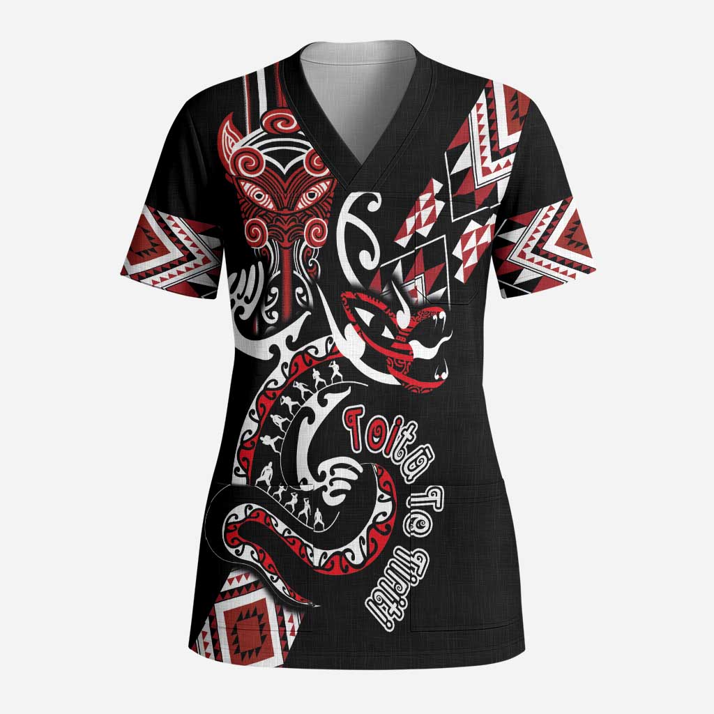 Aotearoa Toitu Te Tiriti-Honour the Treaty Scrub Top Maori Taniwha Haka with Taniko and Tukutuku LT03 Adult Black - Polynesian Pride