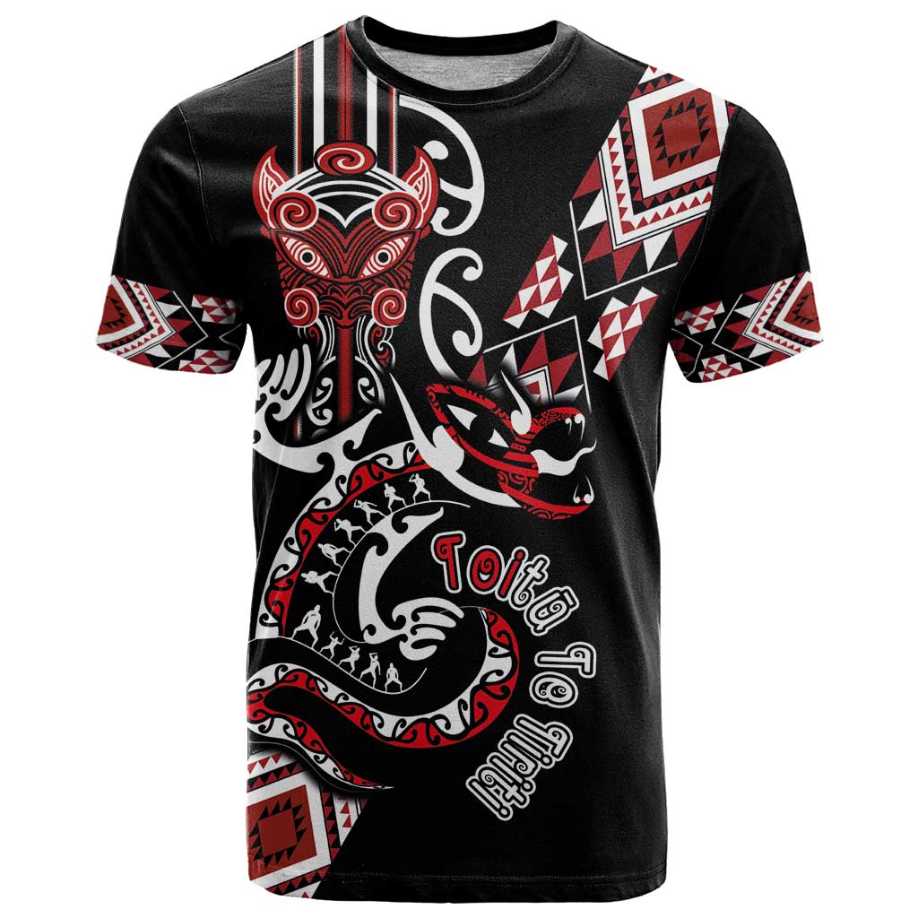 Aotearoa Toitu Te Tiriti-Honour the Treaty T Shirt Maori Taniwha Haka with Taniko and Tukutuku LT03 Black - Polynesian Pride
