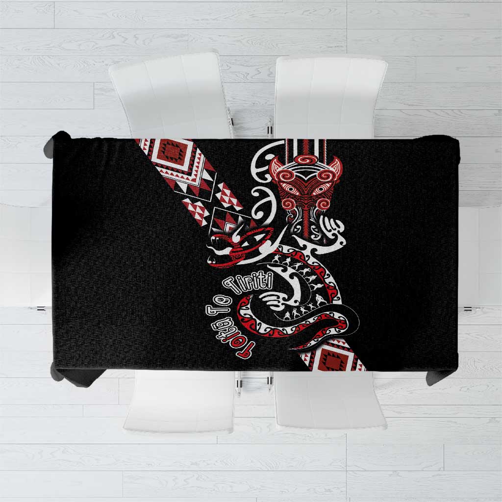 Aotearoa Toitu Te Tiriti-Honour the Treaty Tablecloth Maori Taniwha Haka with Taniko and Tukutuku LT03 Black - Polynesian Pride