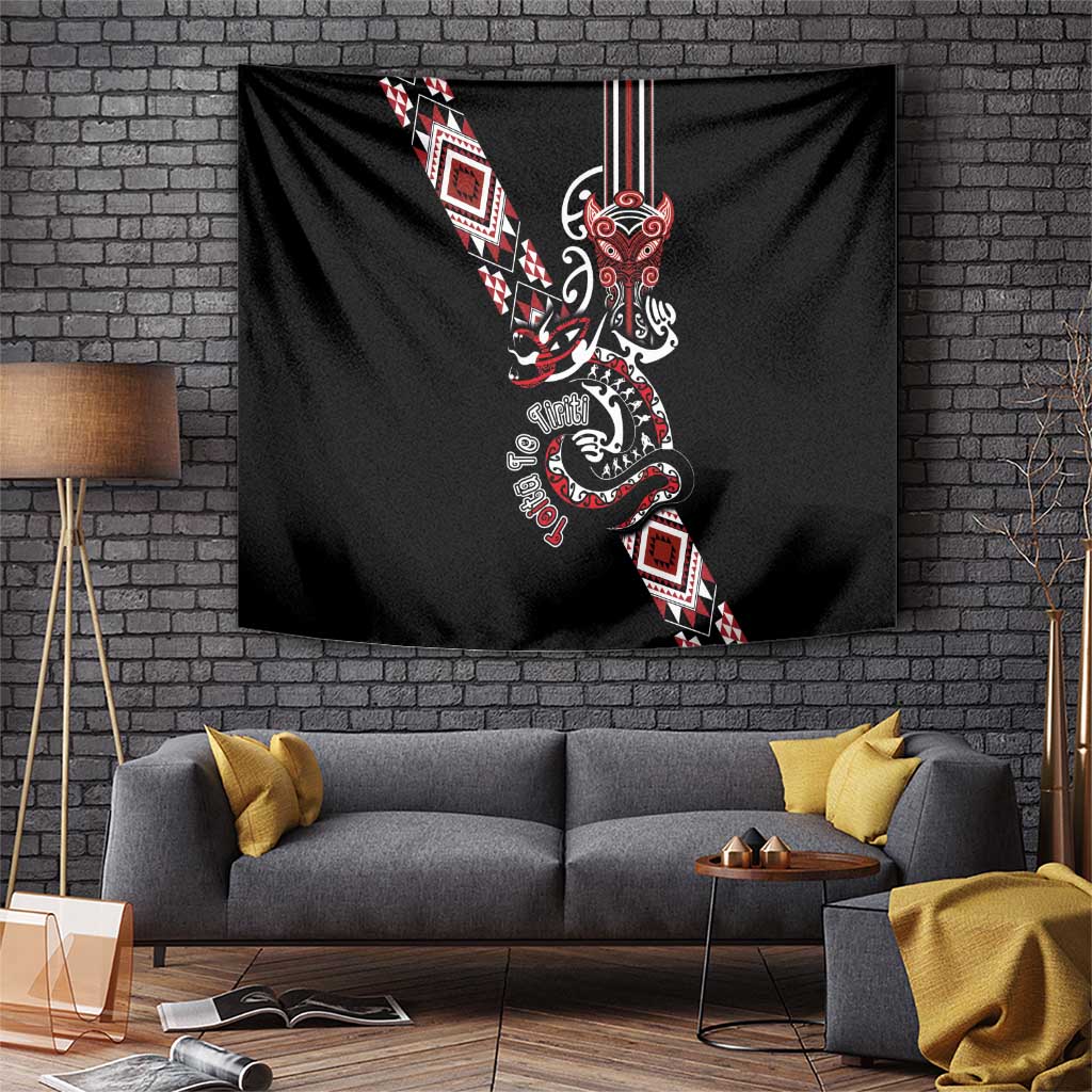 Aotearoa Toitu Te Tiriti-Honour the Treaty Tapestry Maori Taniwha Haka with Taniko and Tukutuku LT03 Black - Polynesian Pride