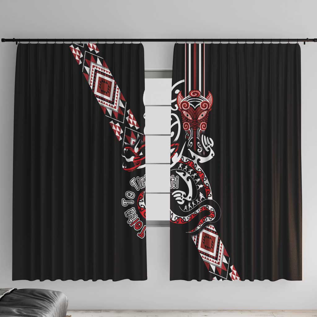 Aotearoa Toitu Te Tiriti-Honour the Treaty Window Curtain Maori Taniwha Haka with Taniko and Tukutuku LT03 With Hooks Black - Polynesian Pride