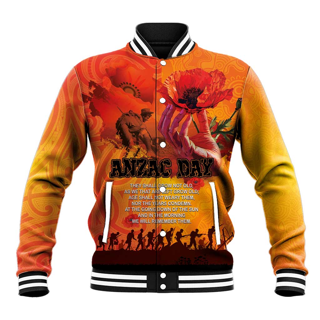 Australia and New Zealand ANZAC Day Baseball Jacket Soldiers Memories - Red Poppies with Aboriginal and Maori Art LT03 Unisex Orange-Yellow - Polynesian Pride