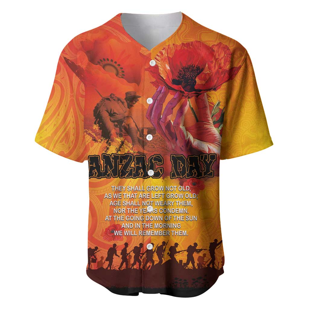Australia and New Zealand ANZAC Day Baseball Jersey Soldiers Memories - Red Poppies with Aboriginal and Maori Art LT03 Orange-Yellow - Polynesian Pride