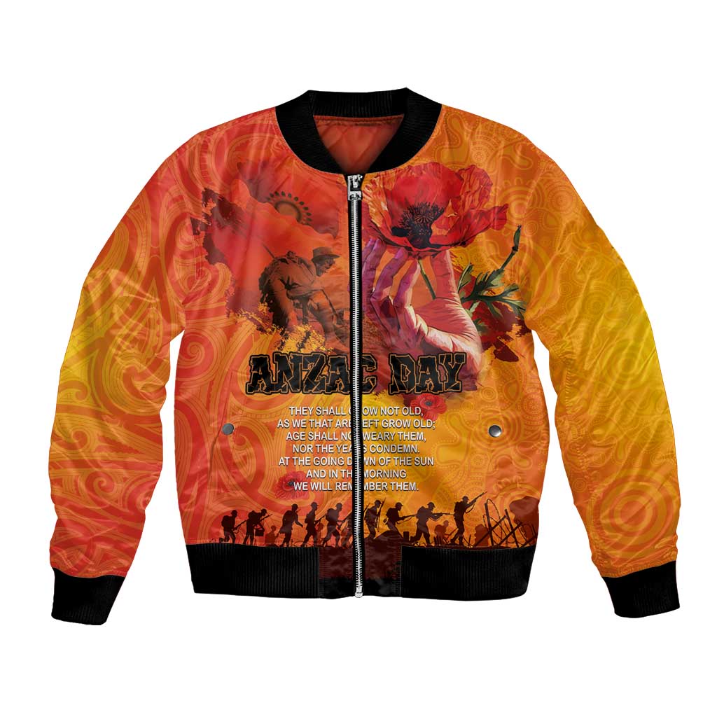 Australia and New Zealand ANZAC Day Bomber Jacket Soldiers Memories - Red Poppies with Aboriginal and Maori Art LT03 Unisex Orange-Yellow - Polynesian Pride