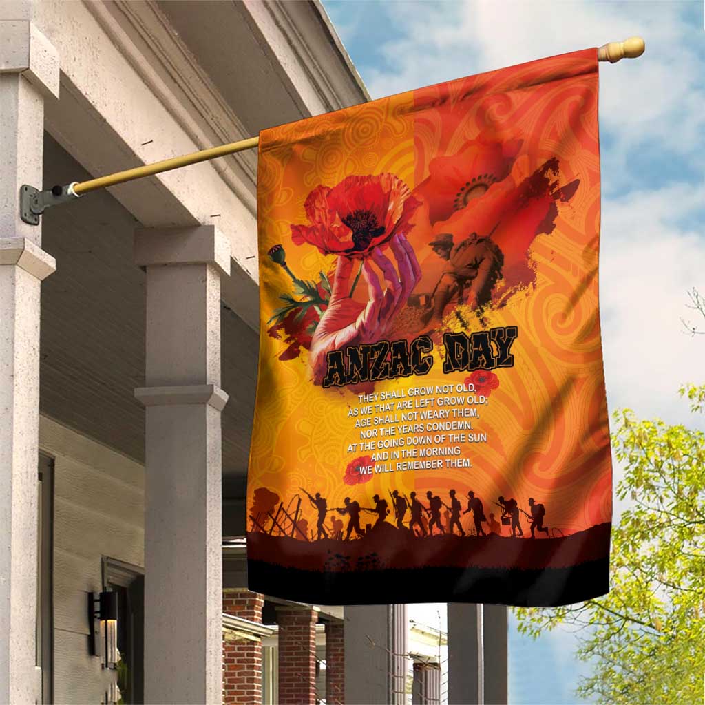 Australia and New Zealand ANZAC Day Garden Flag Soldiers Memories - Red Poppies with Aboriginal and Maori Art LT03 House Flag Orange-Yellow - Polynesian Pride