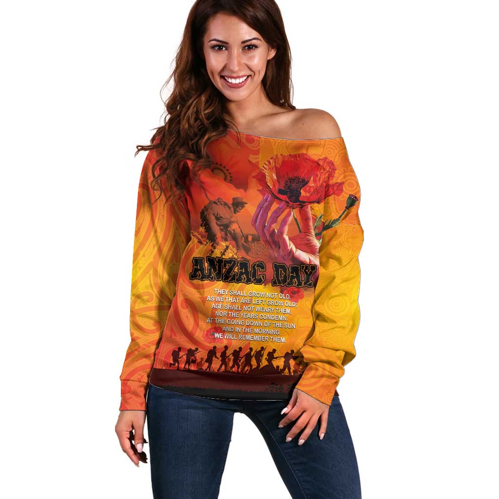Australia and New Zealand ANZAC Day Off Shoulder Sweater Soldiers Memories - Red Poppies with Aboriginal and Maori Art LT03 Women Orange-Yellow - Polynesian Pride