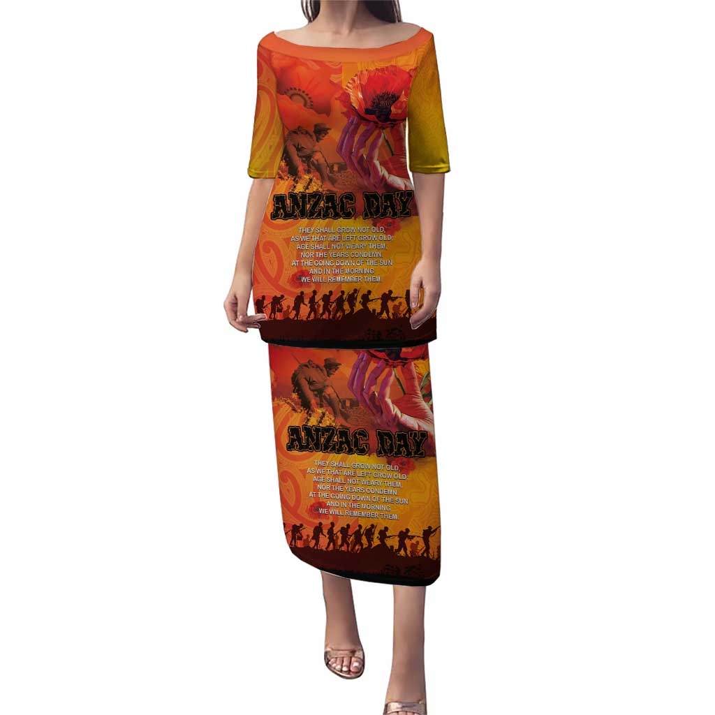 Australia and New Zealand ANZAC Day Puletasi Soldiers Memories - Red Poppies with Aboriginal and Maori Art LT03 Long Dress Orange-Yellow - Polynesian Pride