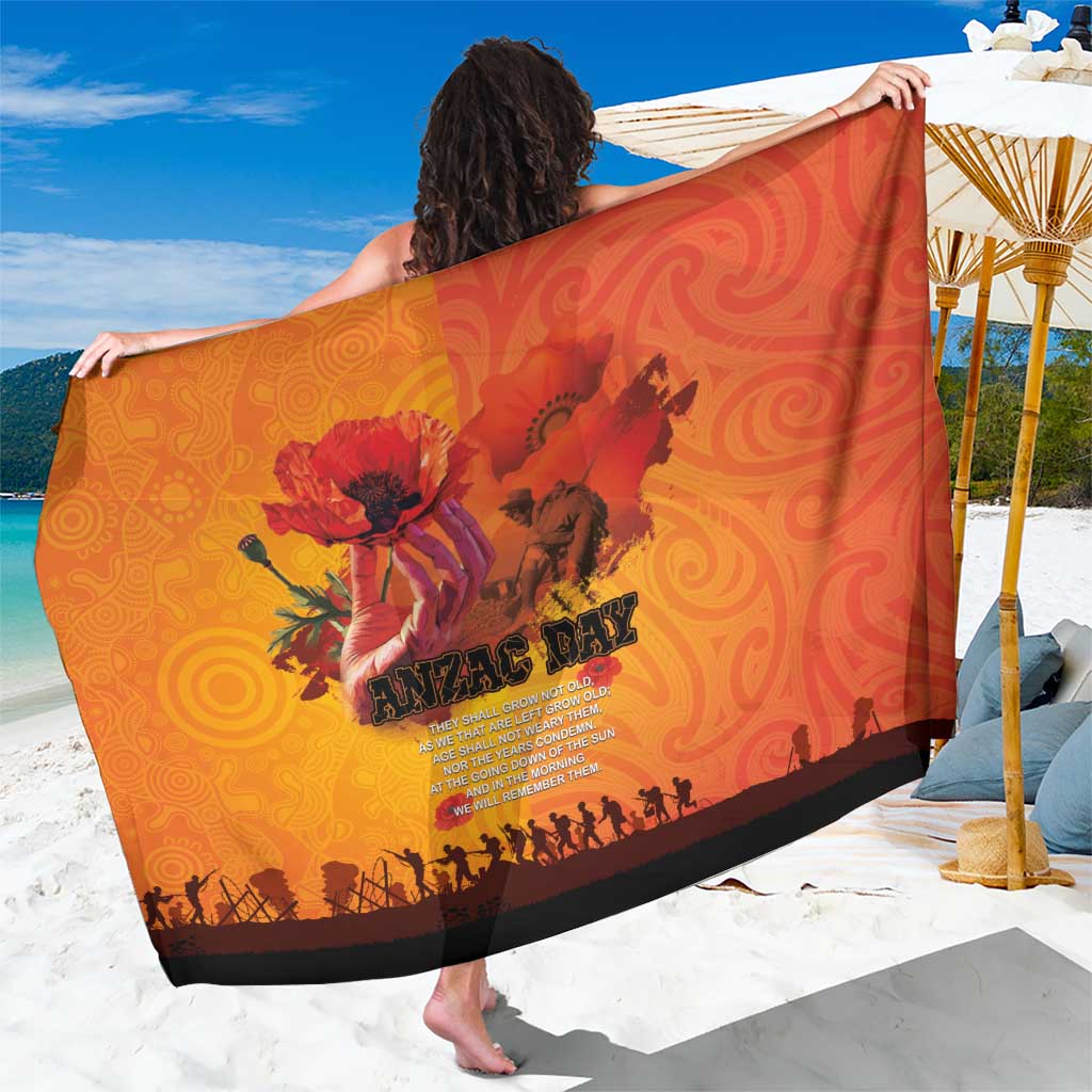 Australia and New Zealand ANZAC Day Sarong Soldiers Memories - Red Poppies with Aboriginal and Maori Art LT03 One Size 44 x 66 inches Orange-Yellow - Polynesian Pride