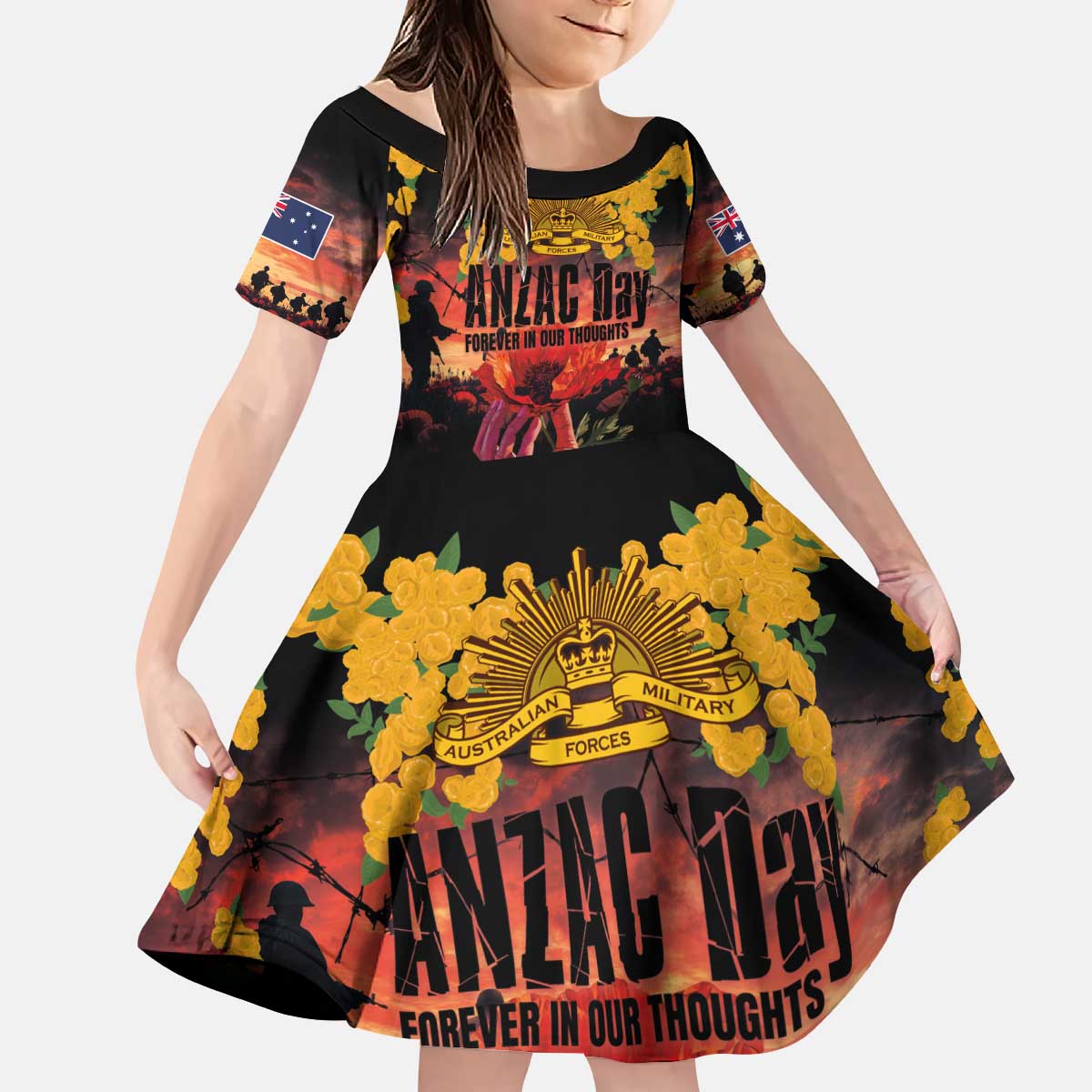 Australia ANZAC Day Kid Short Sleeve Dress Forever in My Thoughts LT03 KID Black - Polynesian Pride