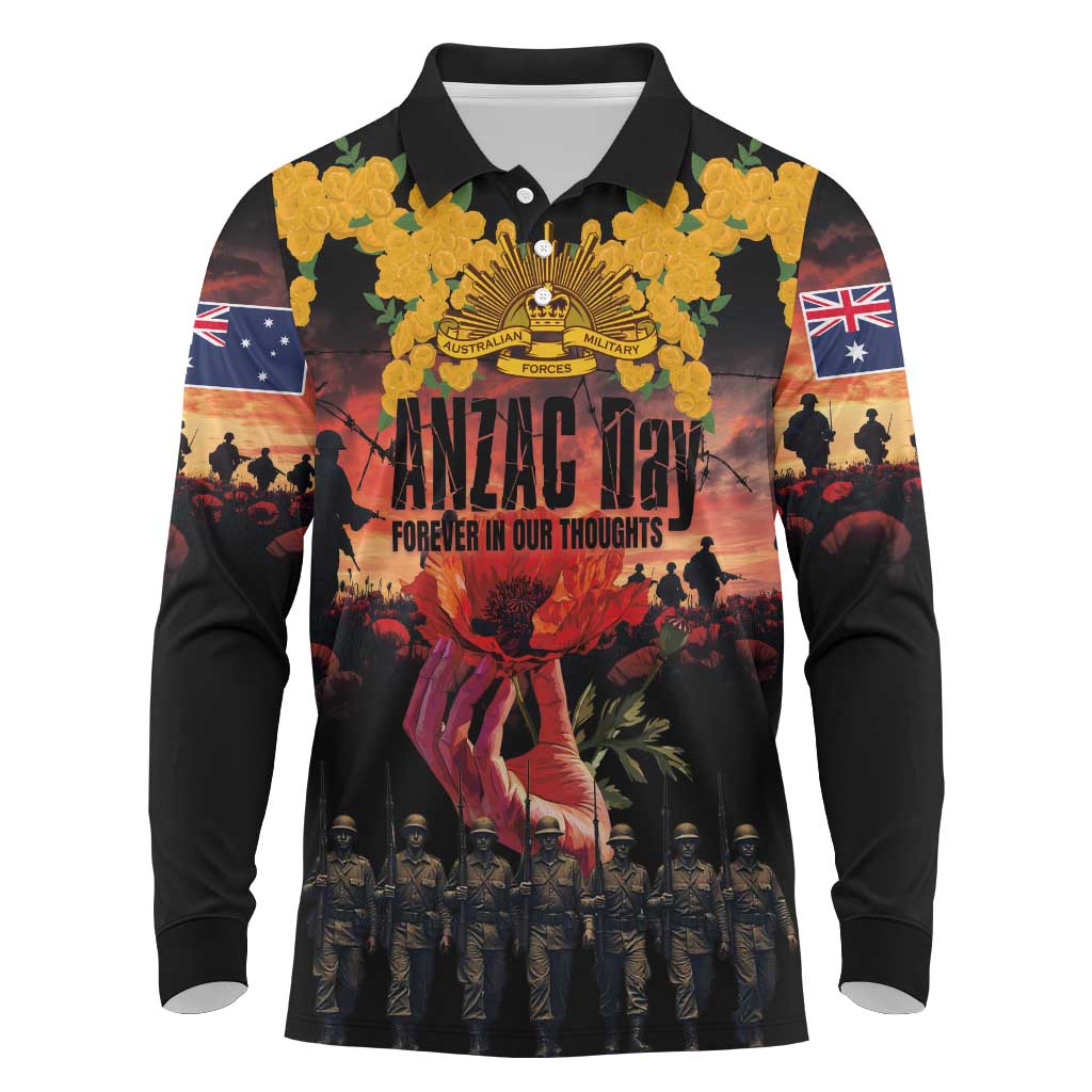 Australia ANZAC Day Long Sleeve Polo Shirt Forever in My Thoughts LT03 Black - Polynesian Pride