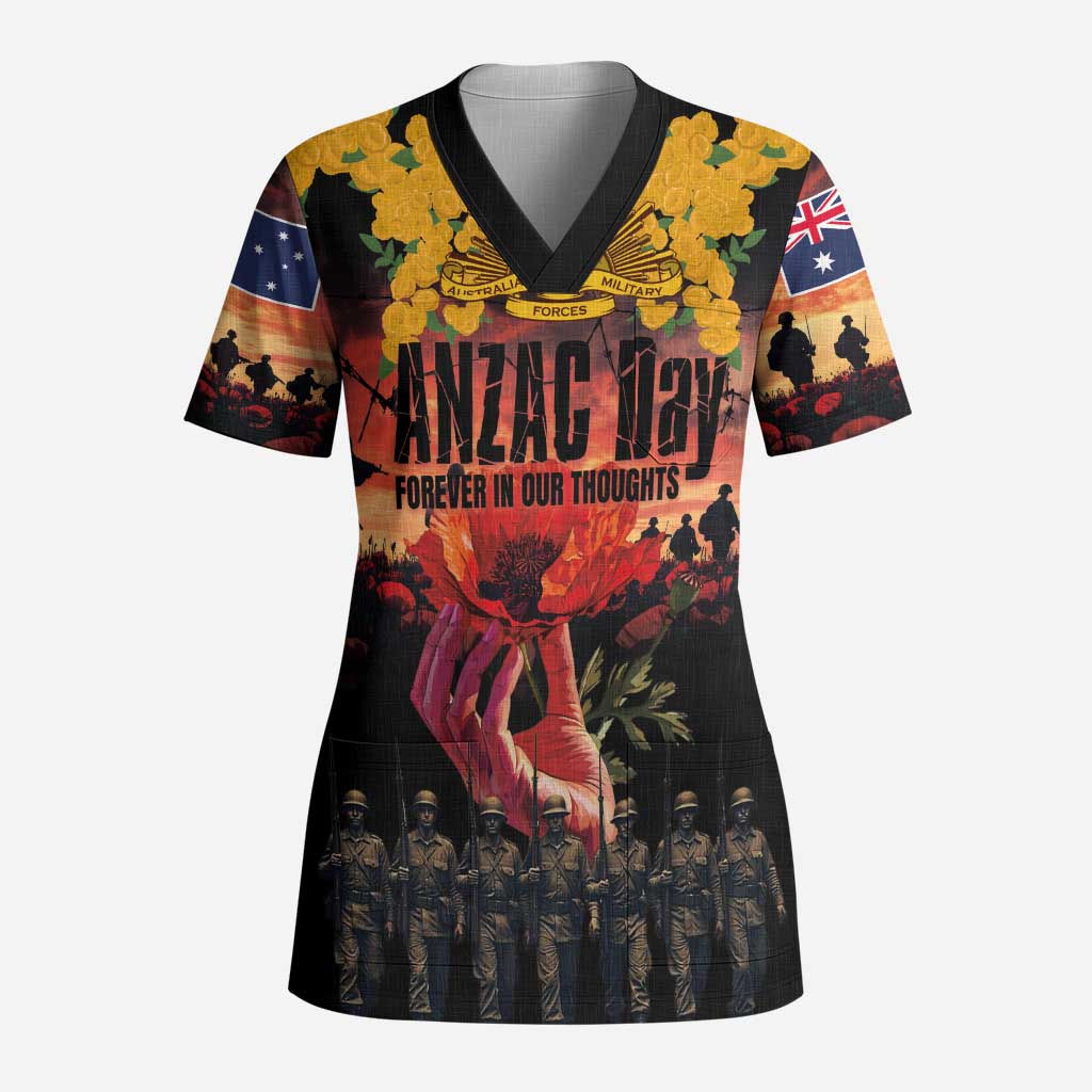 Australia ANZAC Day Scrub Top Forever in My Thoughts LT03 Adult Black - Polynesian Pride