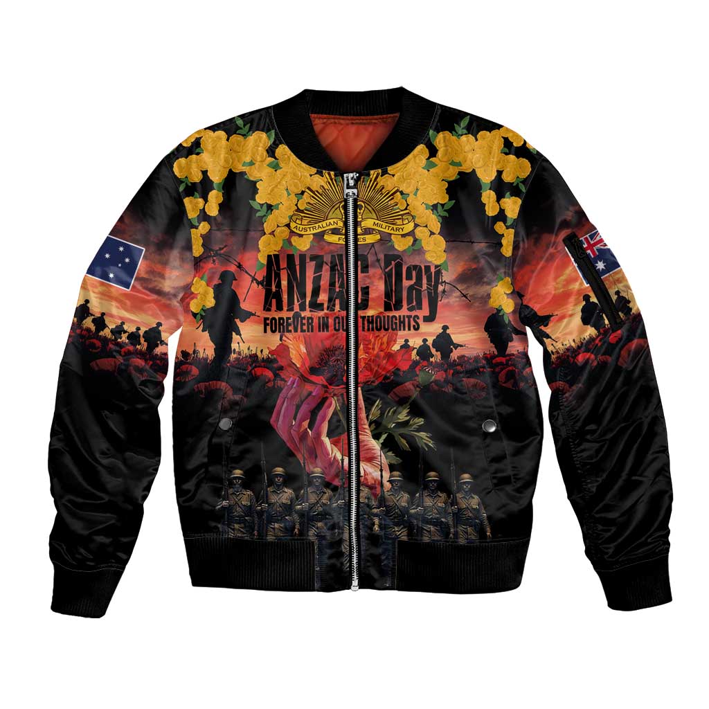 Australia ANZAC Day Sleeve Zip Bomber Jacket Forever in My Thoughts LT03 Unisex Black - Polynesian Pride