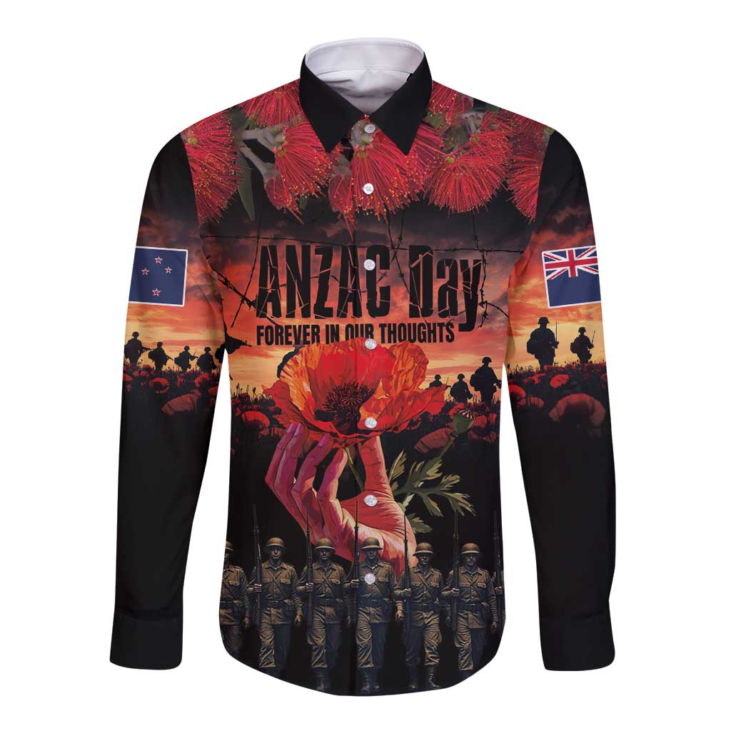 New Zealand ANZAC Day Long Sleeve Button Shirt Forever in My Thoughts LT03 Unisex Black - Polynesian Pride