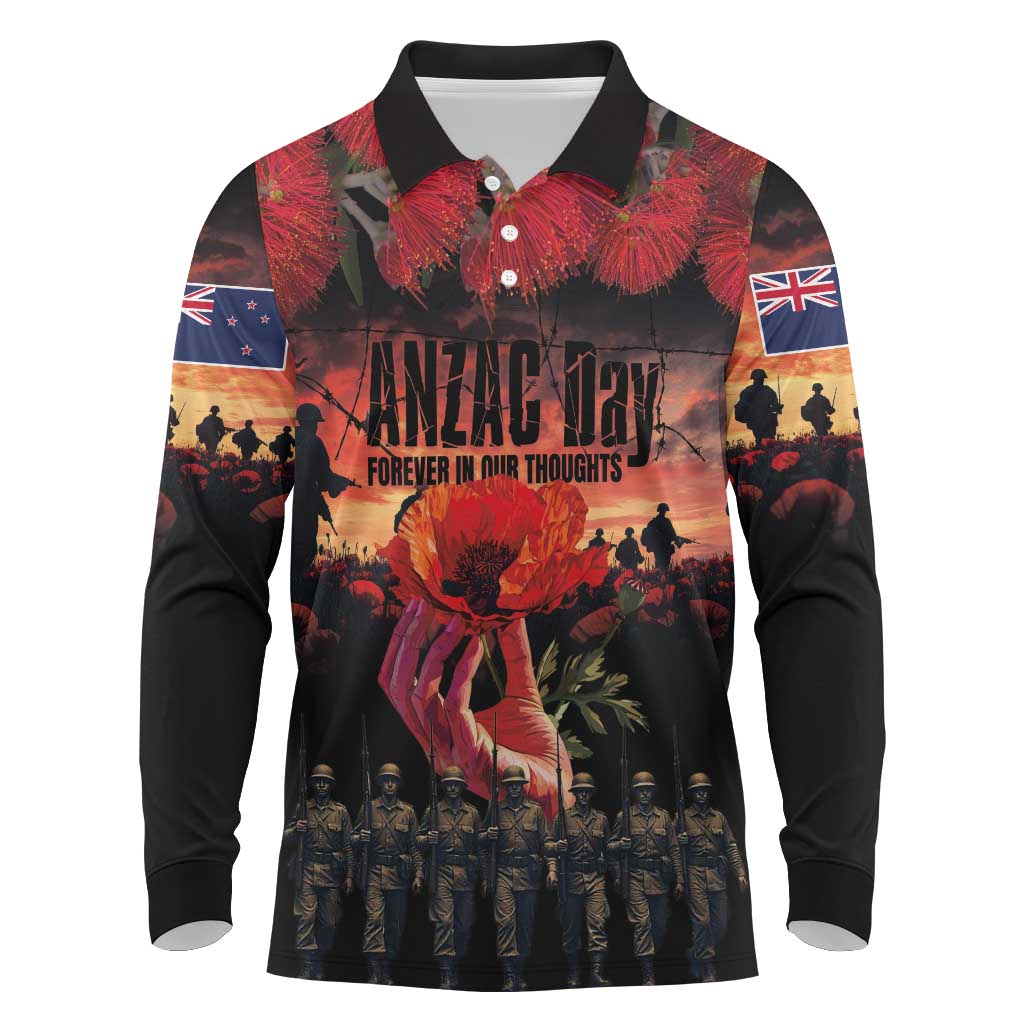 New Zealand ANZAC Day Long Sleeve Polo Shirt Forever in My Thoughts LT03 Black - Polynesian Pride