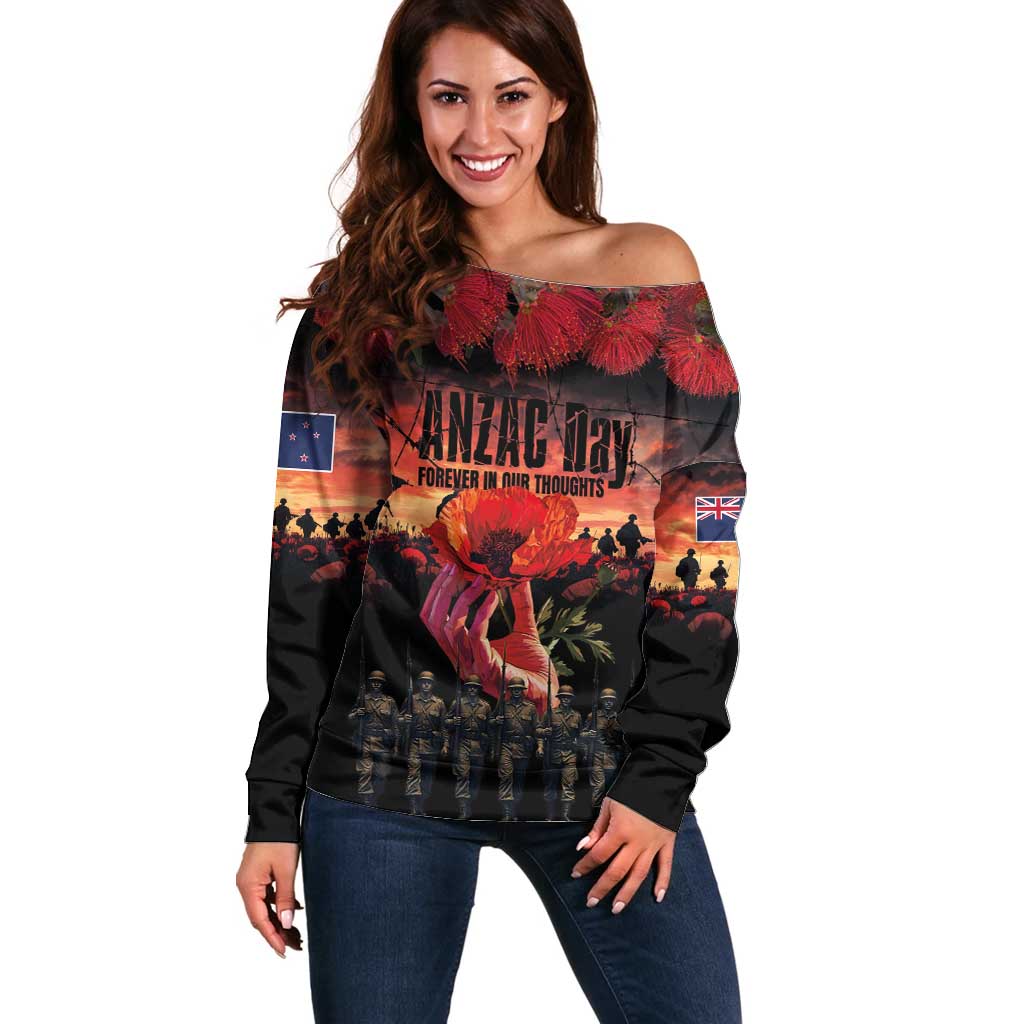 New Zealand ANZAC Day Off Shoulder Sweater Forever in My Thoughts LT03 Women Black - Polynesian Pride