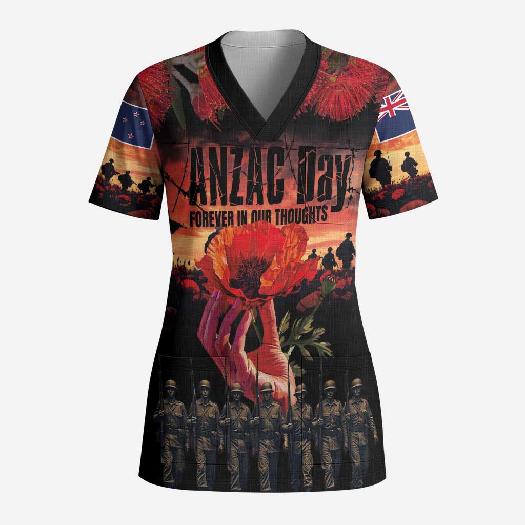 New Zealand ANZAC Day Scrub Top Forever in My Thoughts LT03 Adult Black - Polynesian Pride