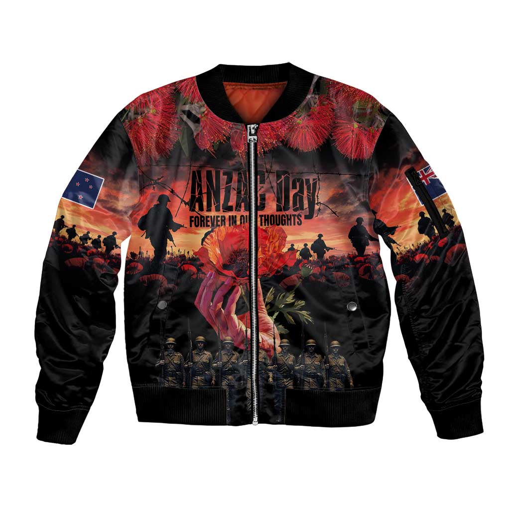 New Zealand ANZAC Day Sleeve Zip Bomber Jacket Forever in My Thoughts LT03 Unisex Black - Polynesian Pride