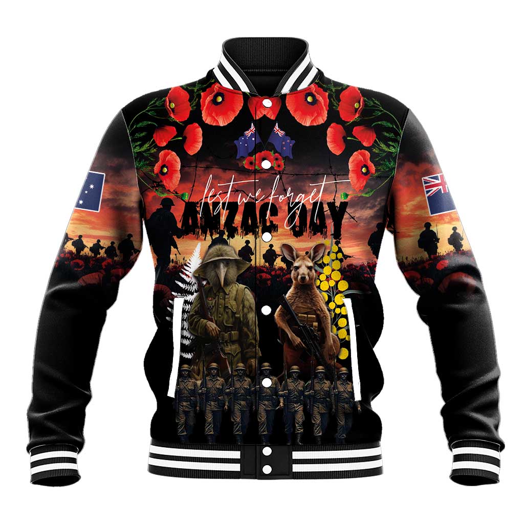 Australia and New Zealand ANZAC Day Baseball Jacket Kangaroo and Kiwi Bird Soldier - Forever in My Thoughts LT03 Unisex Black - Polynesian Pride