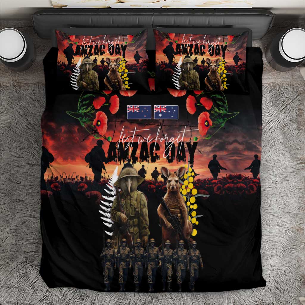 Australia and New Zealand ANZAC Day Bedding Set Kangaroo and Kiwi Bird Soldier - Forever in My Thoughts LT03 Black - Polynesian Pride
