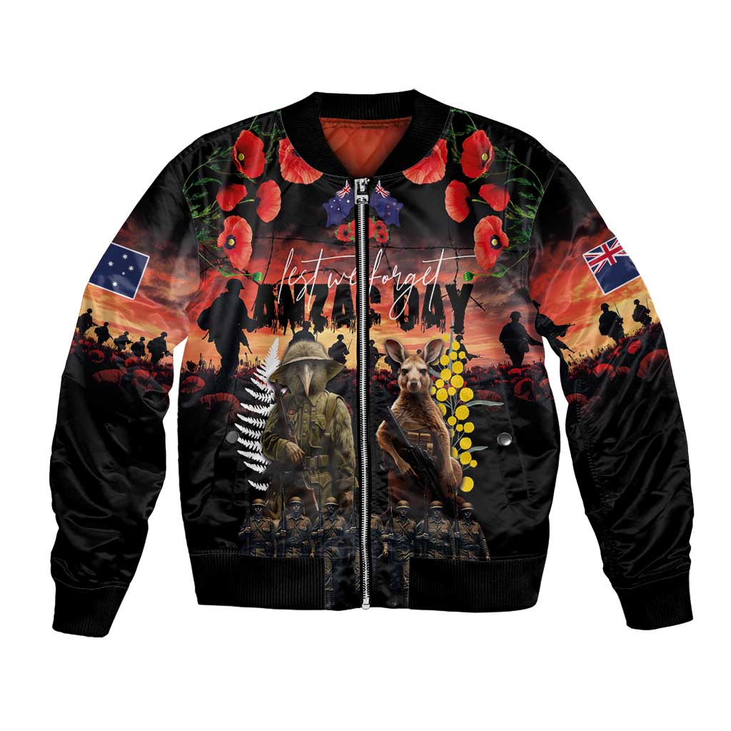 Australia and New Zealand ANZAC Day Bomber Jacket Kangaroo and Kiwi Bird Soldier - Forever in My Thoughts LT03 Unisex Black - Polynesian Pride