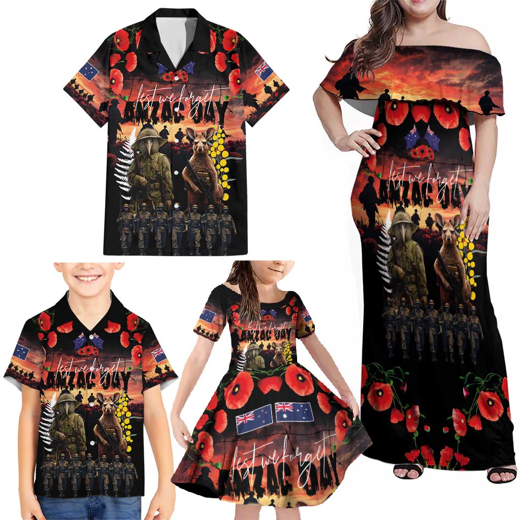 Australia and New Zealand ANZAC Day Family Matching Off Shoulder Maxi Dress and Hawaiian Shirt Kangaroo and Kiwi Bird Soldier - Forever in My Thoughts