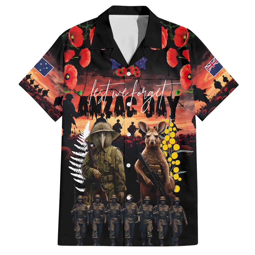 Australia and New Zealand ANZAC Day Hawaiian Shirt Kangaroo and Kiwi Bird Soldier - Forever in My Thoughts LT03 Black - Polynesian Pride