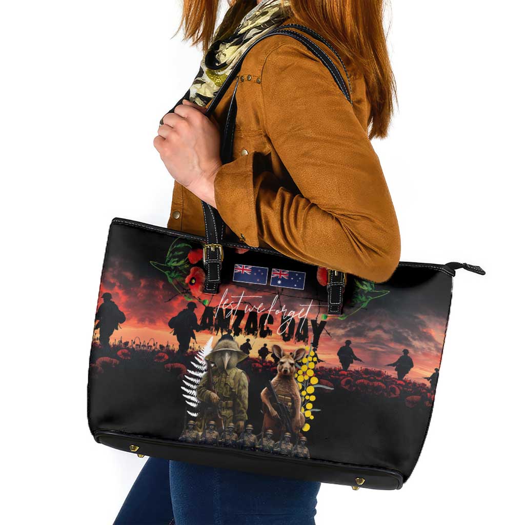 Australia and New Zealand ANZAC Day Leather Tote Bag Kangaroo and Kiwi Bird Soldier - Forever in My Thoughts LT03 Black - Polynesian Pride