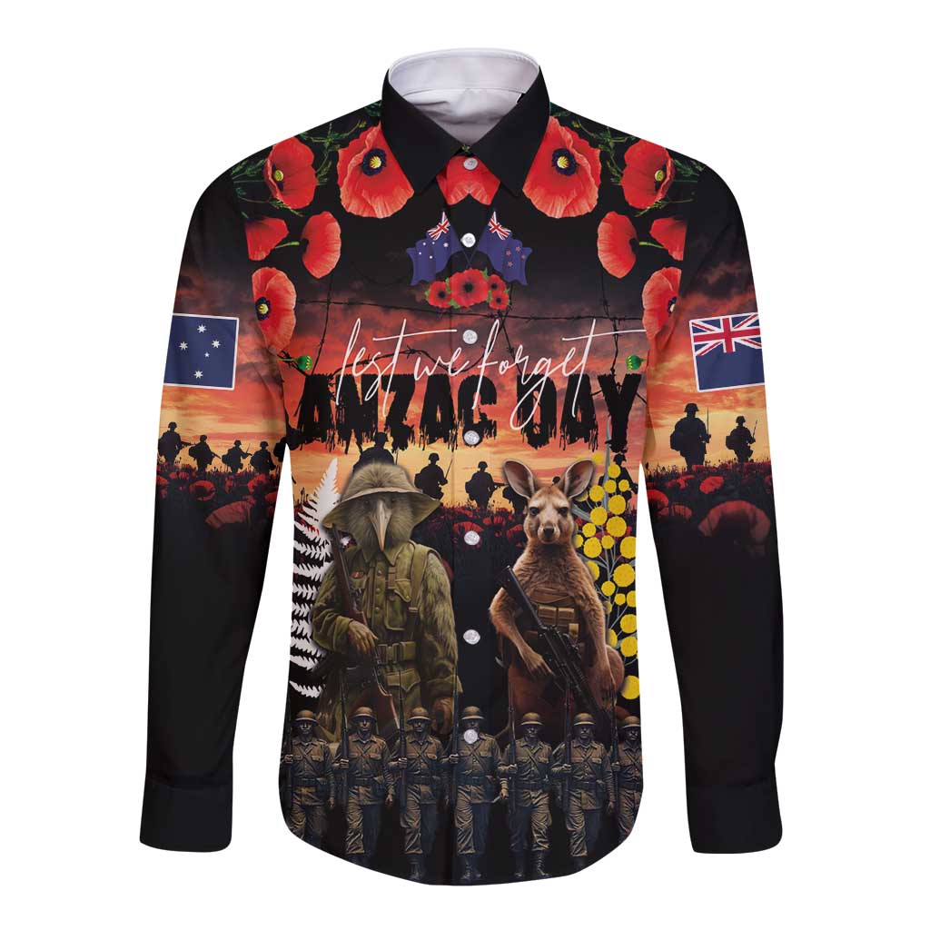 Australia and New Zealand ANZAC Day Long Sleeve Button Shirt Kangaroo and Kiwi Bird Soldier - Forever in My Thoughts LT03 Unisex Black - Polynesian Pride