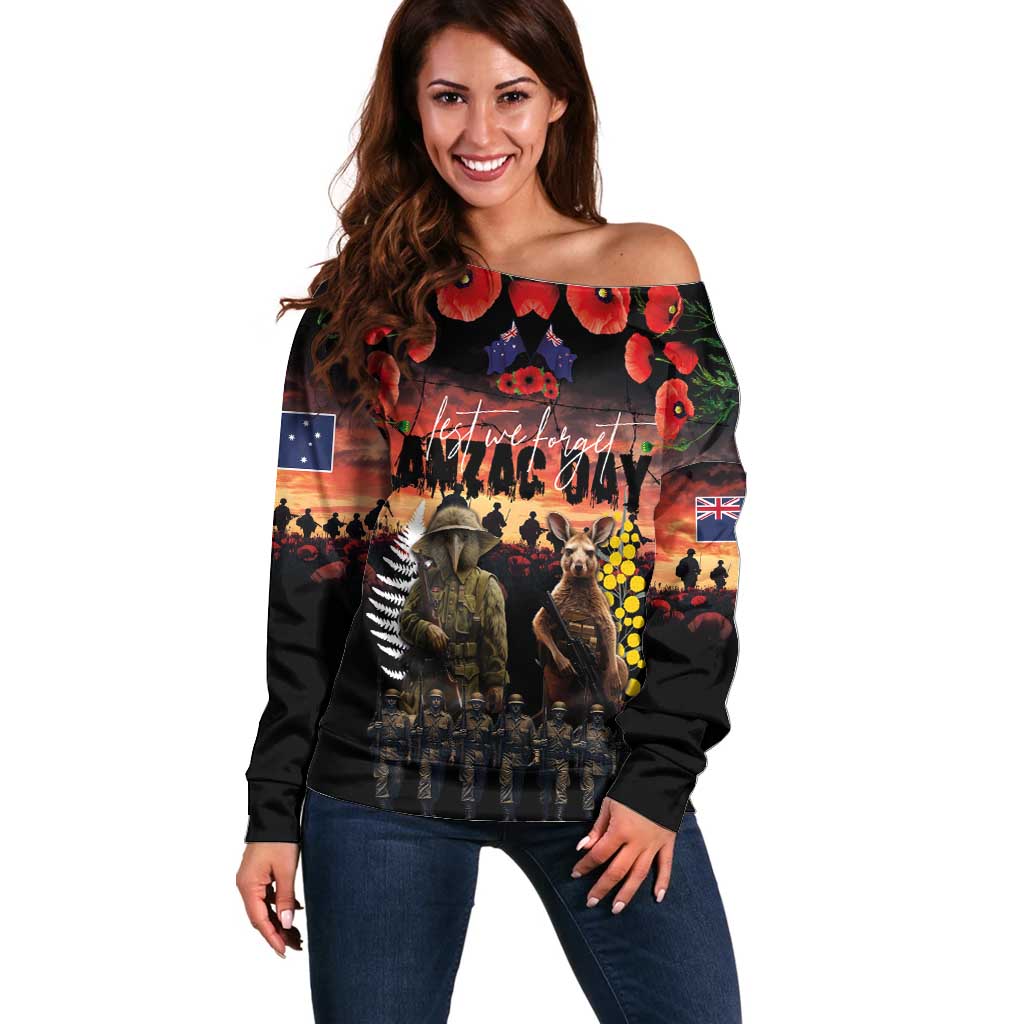 Australia and New Zealand ANZAC Day Off Shoulder Sweater Kangaroo and Kiwi Bird Soldier - Forever in My Thoughts LT03 Women Black - Polynesian Pride