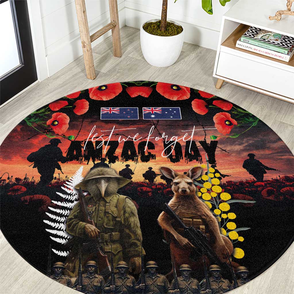 Australia and New Zealand ANZAC Day Round Carpet Kangaroo and Kiwi Bird Soldier - Forever in My Thoughts LT03 Black - Polynesian Pride