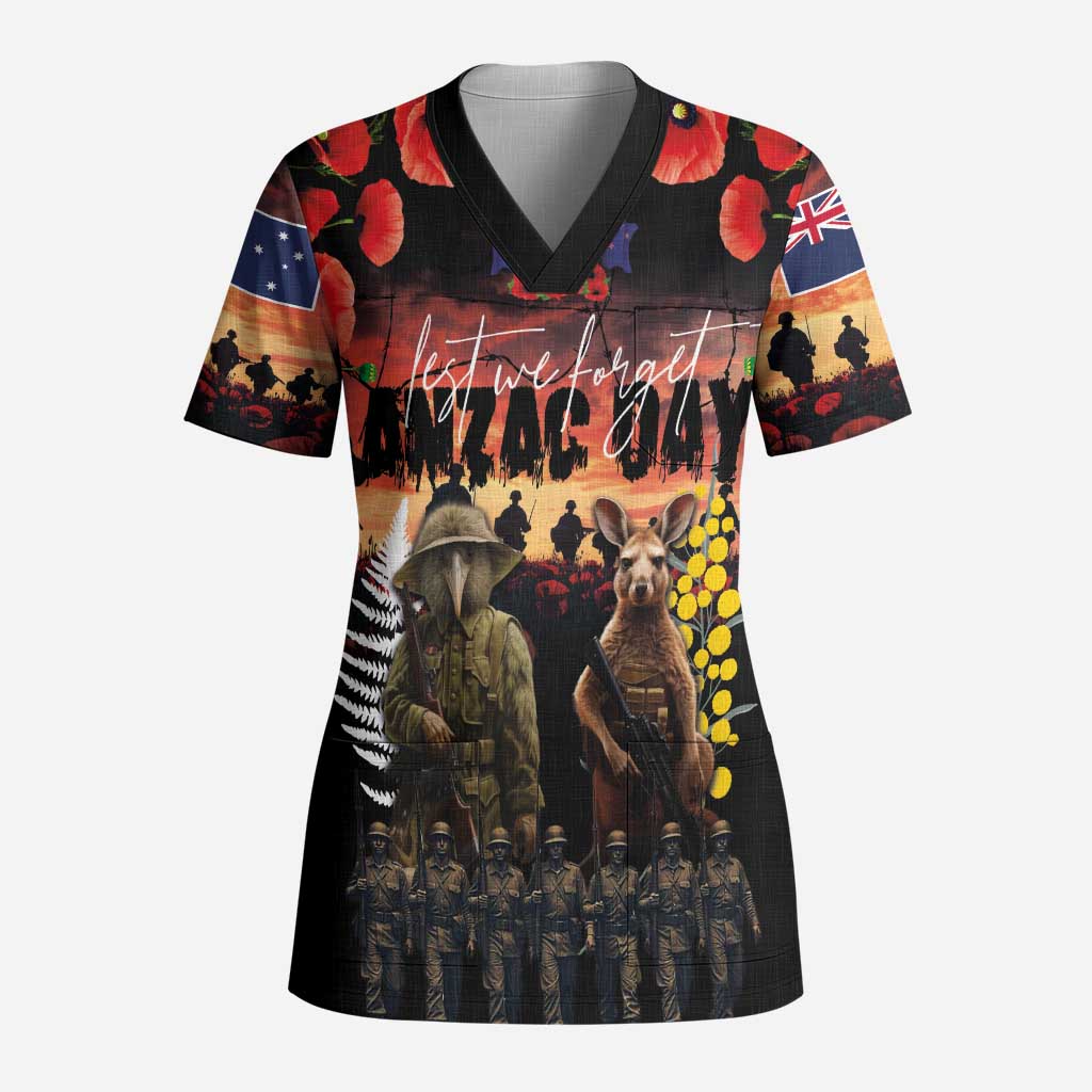 Australia and New Zealand ANZAC Day Scrub Top Kangaroo and Kiwi Bird Soldier - Forever in My Thoughts LT03 Adult Black - Polynesian Pride