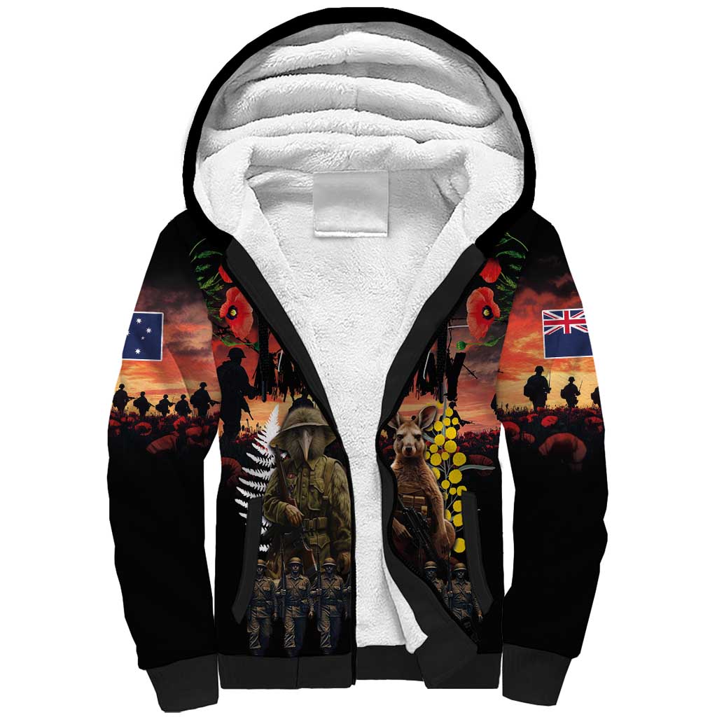 Australia and New Zealand ANZAC Day Sherpa Hoodie Kangaroo and Kiwi Bird Soldier - Forever in My Thoughts LT03 Unisex Black - Polynesian Pride