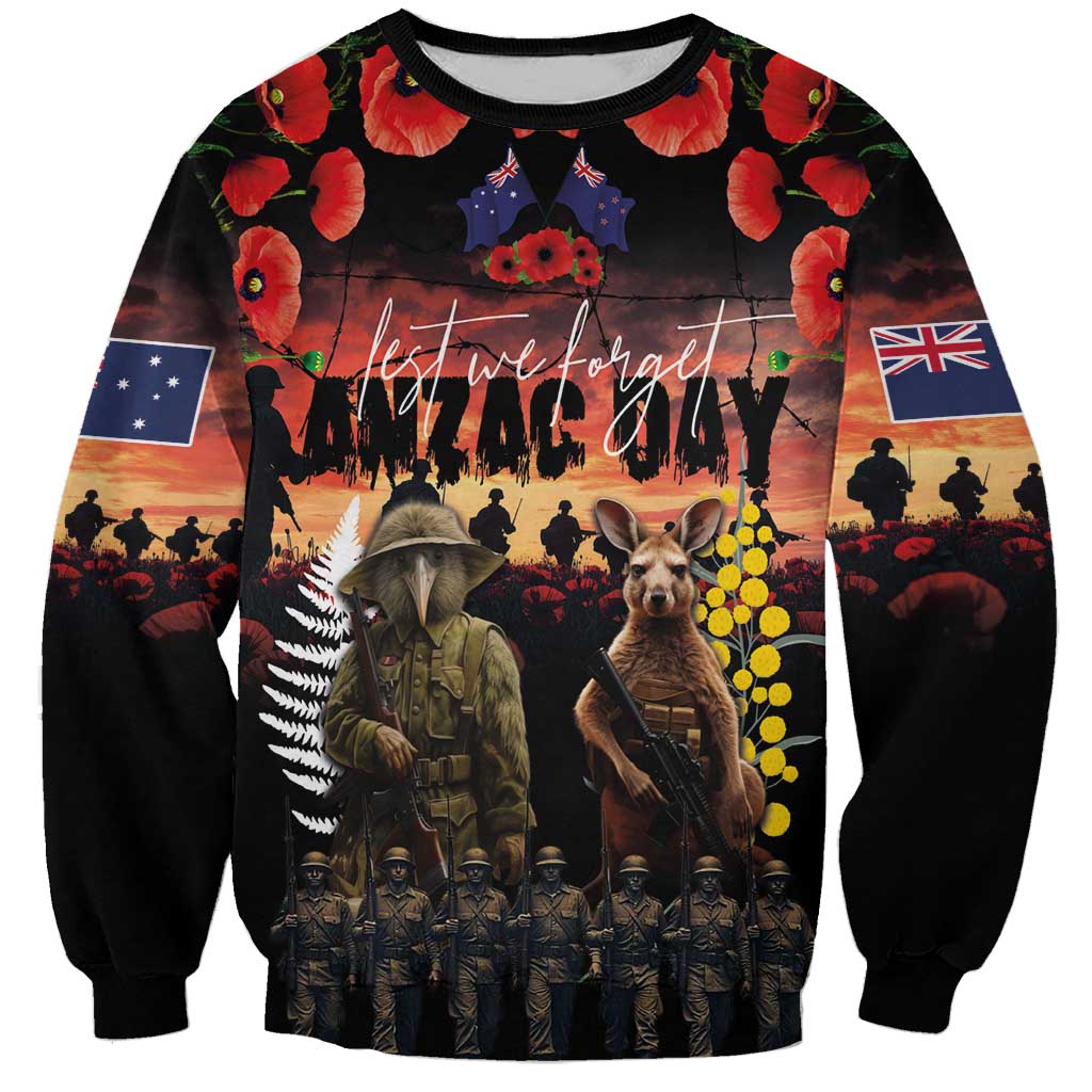 Australia and New Zealand ANZAC Day Sweatshirt Kangaroo and Kiwi Bird Soldier - Forever in My Thoughts LT03 Unisex Black - Polynesian Pride