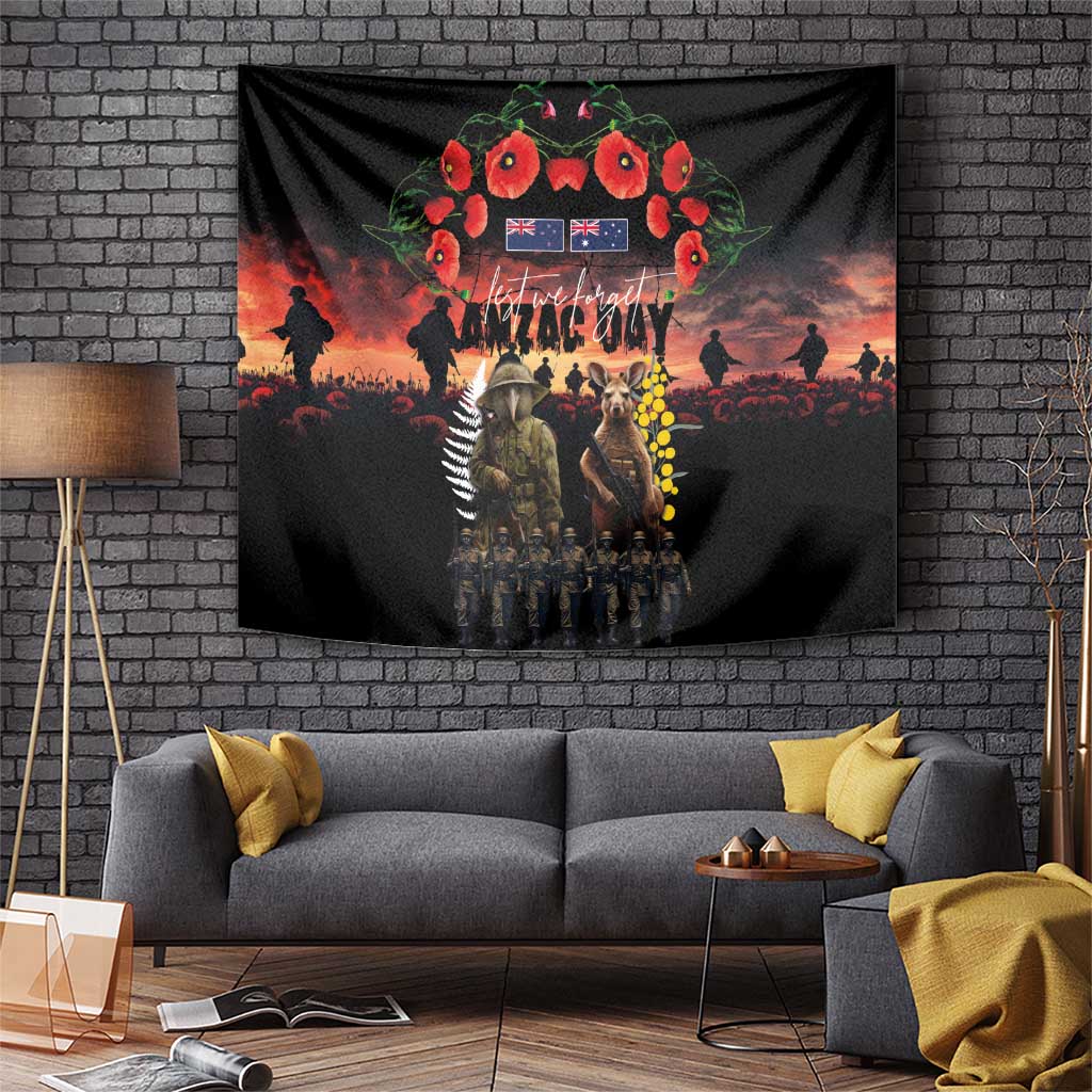 Australia and New Zealand ANZAC Day Tapestry Kangaroo and Kiwi Bird Soldier - Forever in My Thoughts LT03 Black - Polynesian Pride