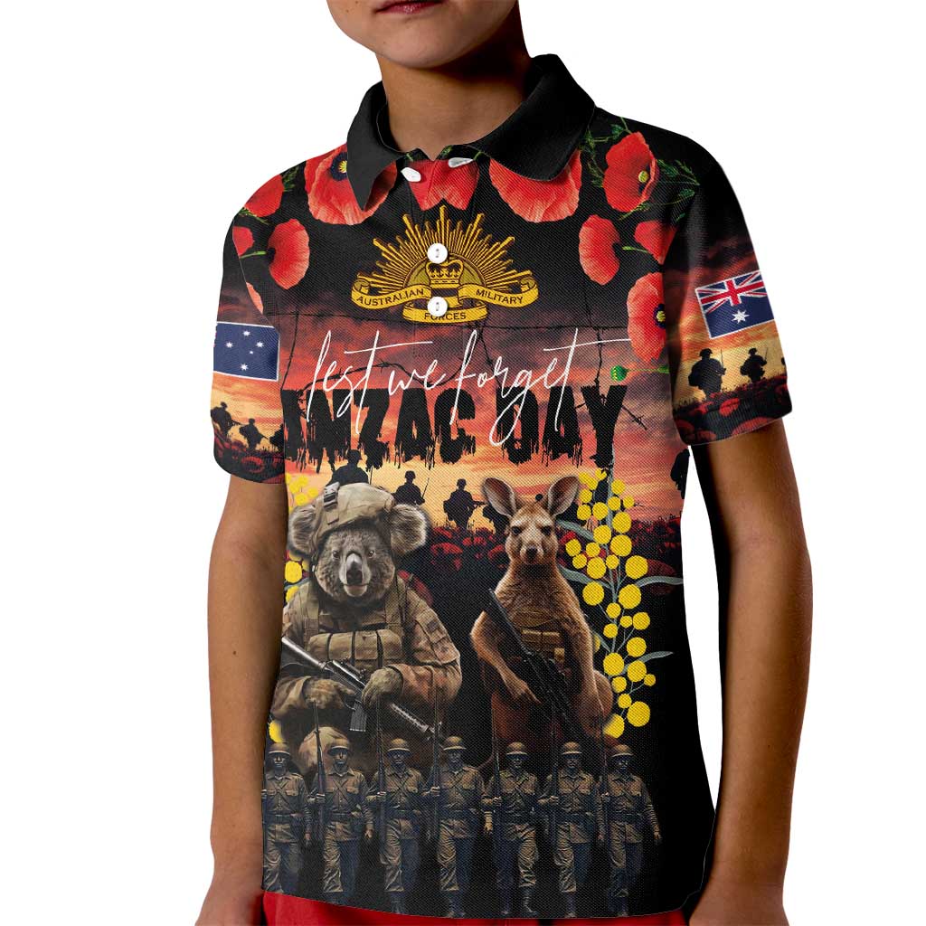 Australia ANZAC Day Kid Polo Shirt Kangaroo and Koala Soldier - Forever in My Thoughts LT03 Kid Black - Polynesian Pride