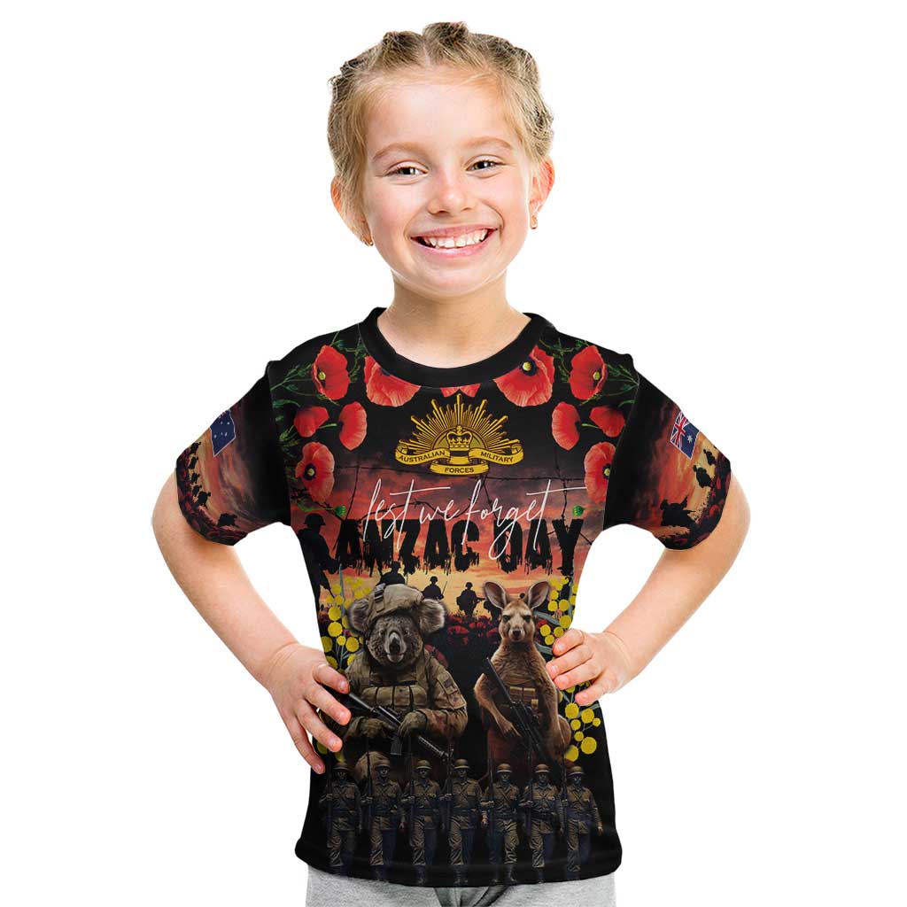 Australia ANZAC Day Kid T Shirt Kangaroo and Koala Soldier - Forever in My Thoughts LT03 Black - Polynesian Pride