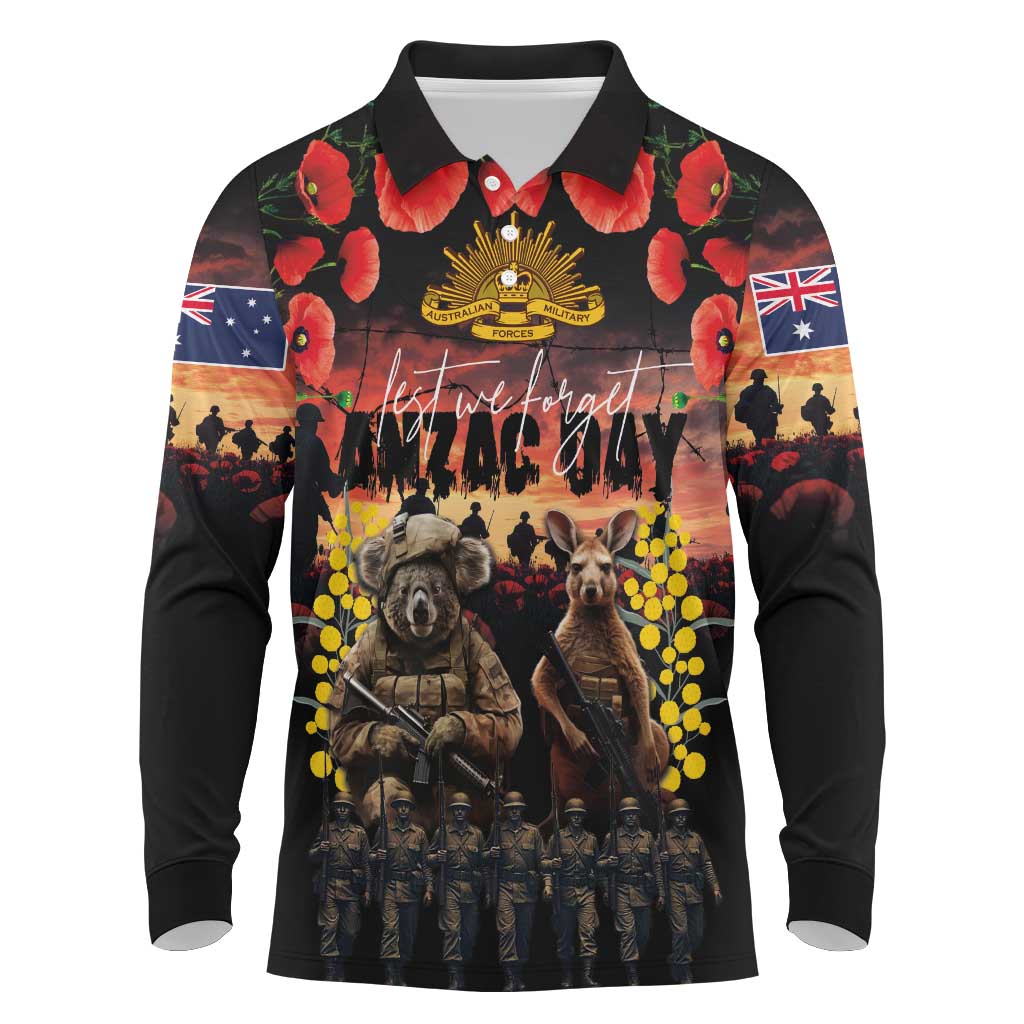 Australia ANZAC Day Long Sleeve Polo Shirt Kangaroo and Koala Soldier - Forever in My Thoughts LT03 Black - Polynesian Pride