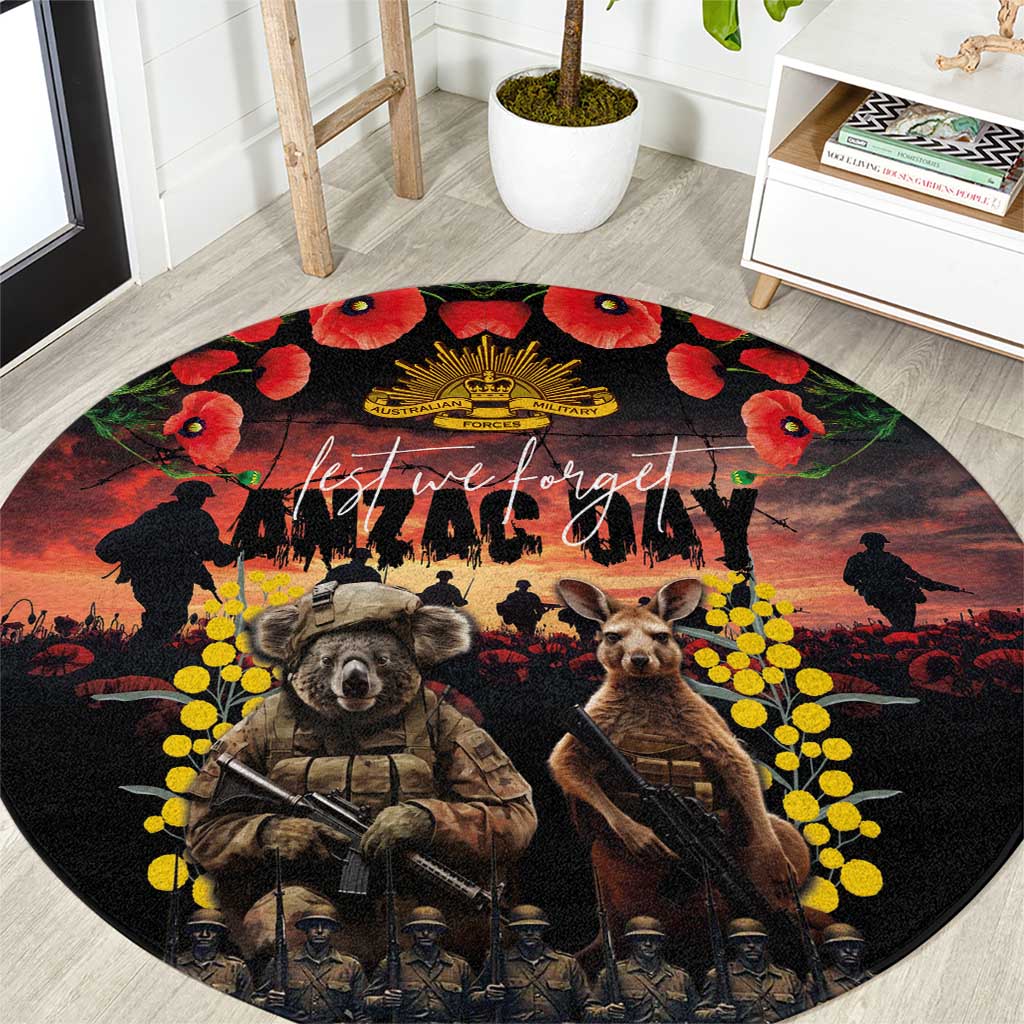 Australia ANZAC Day Round Carpet Kangaroo and Koala Soldier - Forever in My Thoughts LT03 Black - Polynesian Pride