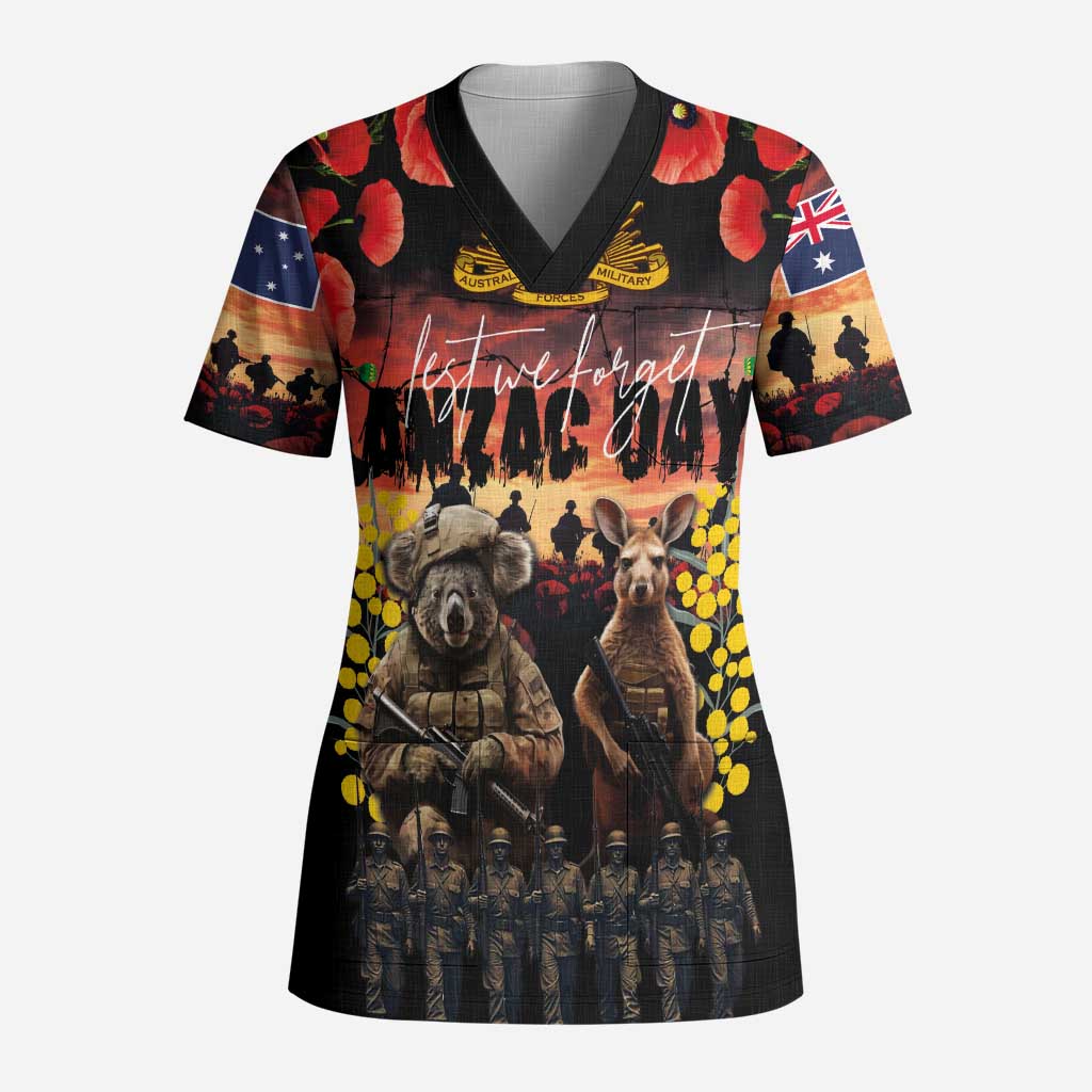 Australia ANZAC Day Scrub Top Kangaroo and Koala Soldier - Forever in My Thoughts LT03 Adult Black - Polynesian Pride