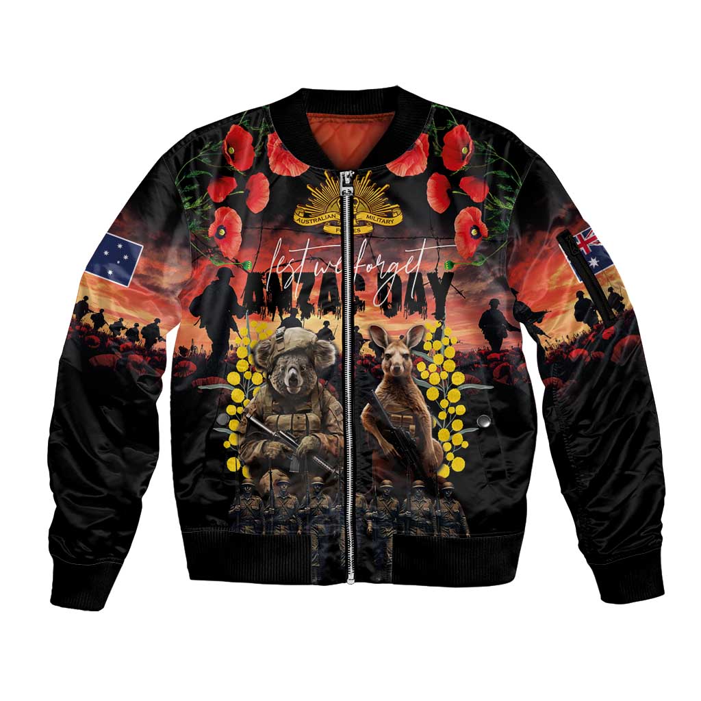 Australia ANZAC Day Sleeve Zip Bomber Jacket Kangaroo and Koala Soldier - Forever in My Thoughts LT03 Unisex Black - Polynesian Pride
