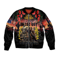 Australia ANZAC Day Sleeve Zip Bomber Jacket Kangaroo and Koala Soldier - Forever in My Thoughts LT03 Unisex Black - Polynesian Pride