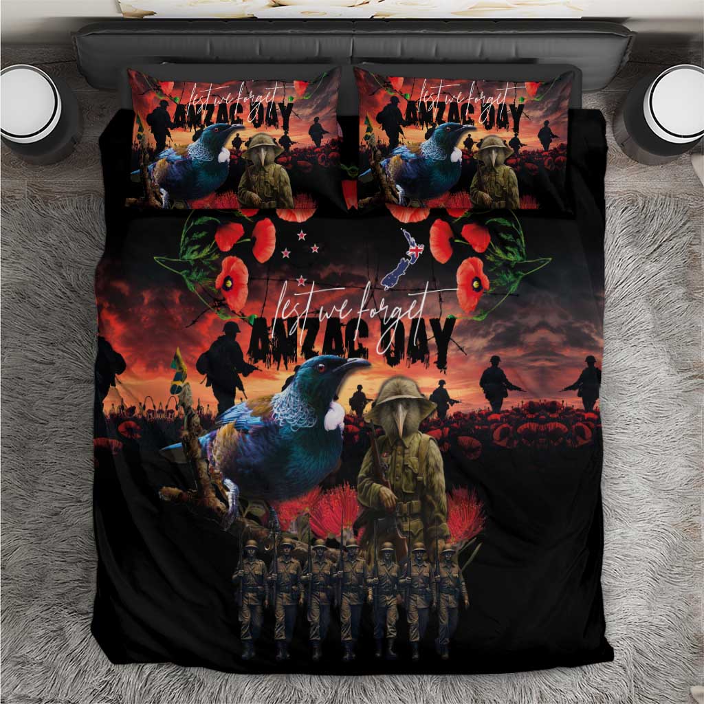 New Zealand ANZAC Day Bedding Set Tui Bird and Kiwi Bird Soldier - Forever in My Thoughts LT03 Black - Polynesian Pride