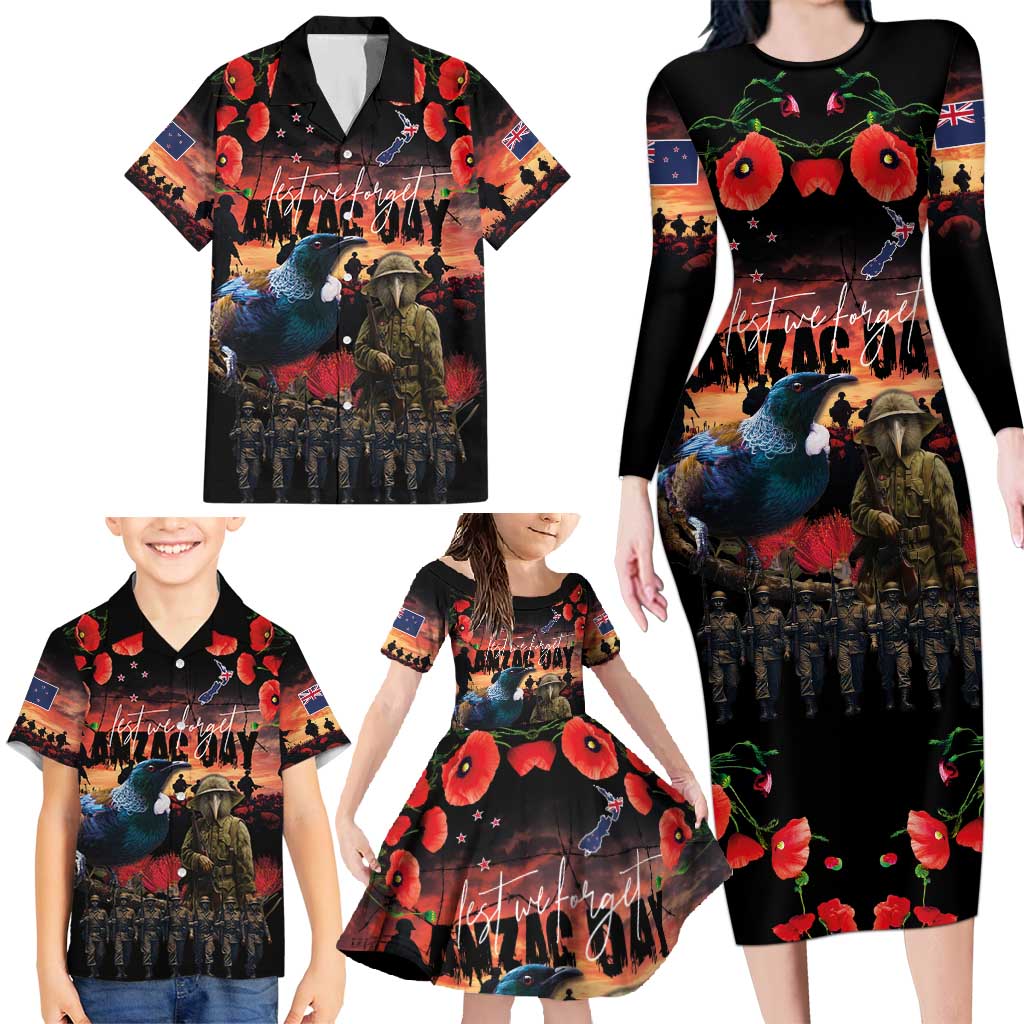 New Zealand ANZAC Day Family Matching Long Sleeve Bodycon Dress and Hawaiian Shirt Tui Bird and Kiwi Bird Soldier - Forever in My Thoughts