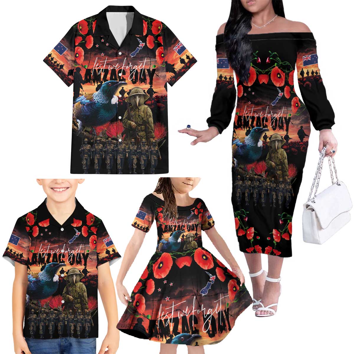 New Zealand ANZAC Day Family Matching Off The Shoulder Long Sleeve Dress and Hawaiian Shirt Tui Bird and Kiwi Bird Soldier - Forever in My Thoughts