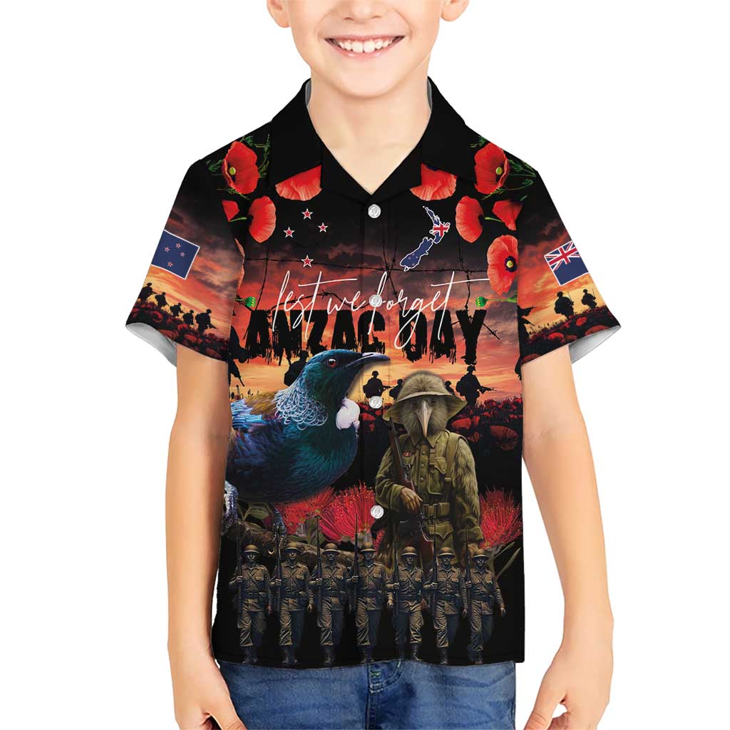 New Zealand ANZAC Day Kid Hawaiian Shirt Tui Bird and Kiwi Bird Soldier - Forever in My Thoughts LT03 Kid Black - Polynesian Pride