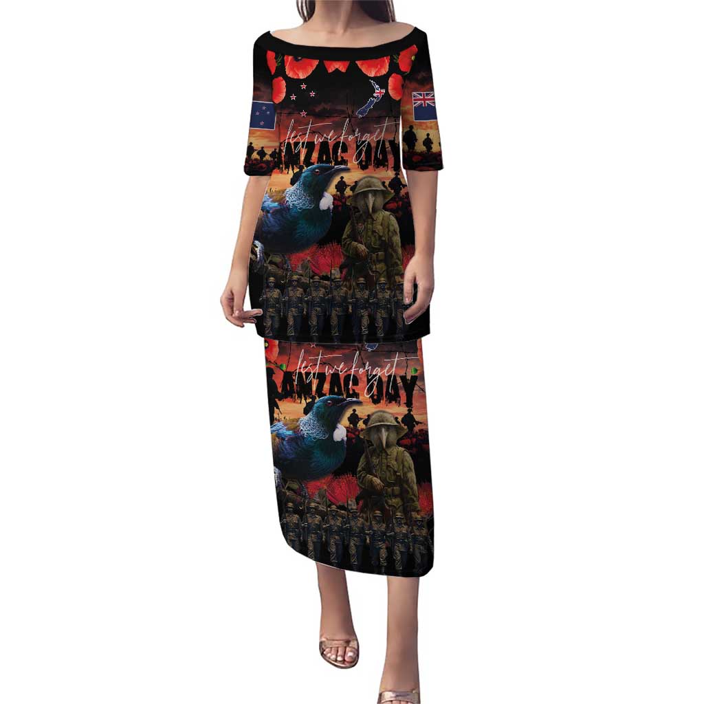 New Zealand ANZAC Day Puletasi Tui Bird and Kiwi Bird Soldier - Forever in My Thoughts LT03 Long Dress Black - Polynesian Pride