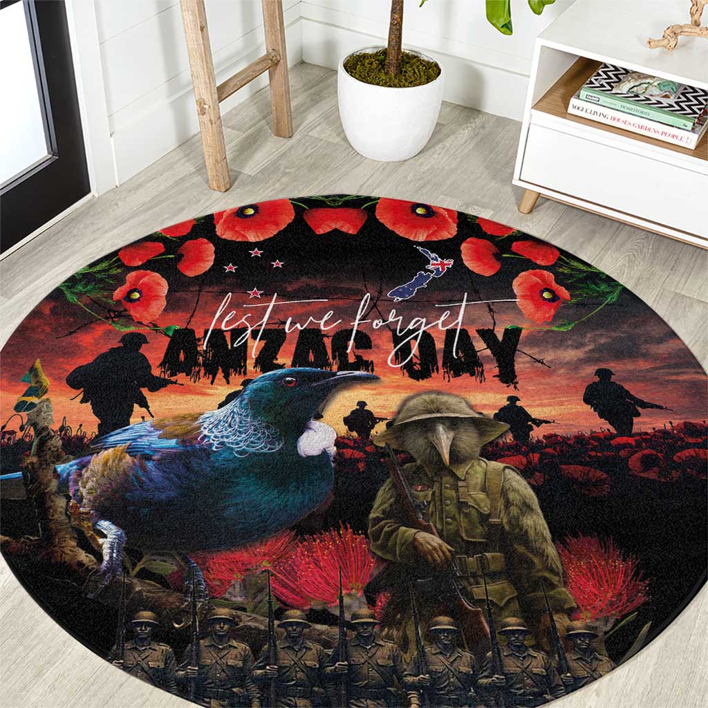 New Zealand ANZAC Day Round Carpet Tui Bird and Kiwi Bird Soldier - Forever in My Thoughts LT03 Black - Polynesian Pride