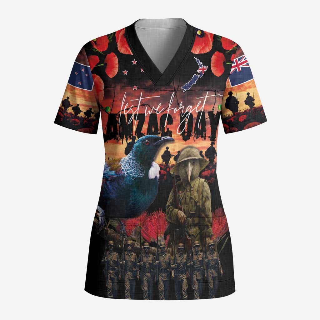 New Zealand ANZAC Day Scrub Top Tui Bird and Kiwi Bird Soldier - Forever in My Thoughts LT03 Adult Black - Polynesian Pride